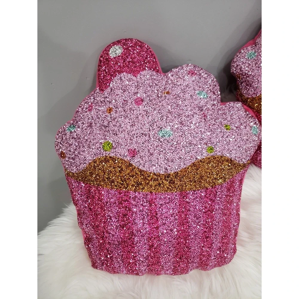 LOT 2 Sparkles Home Pink Cupcake Shaped Beaded Throw Pillow Dessert Sweet‎ Candy